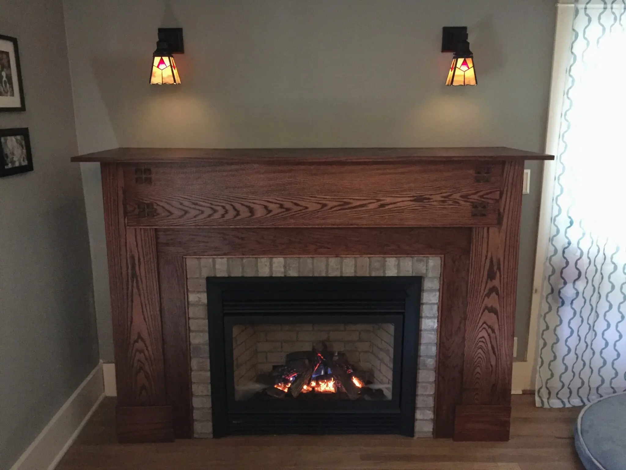 Craftsman style mantel and bookcase in the picture